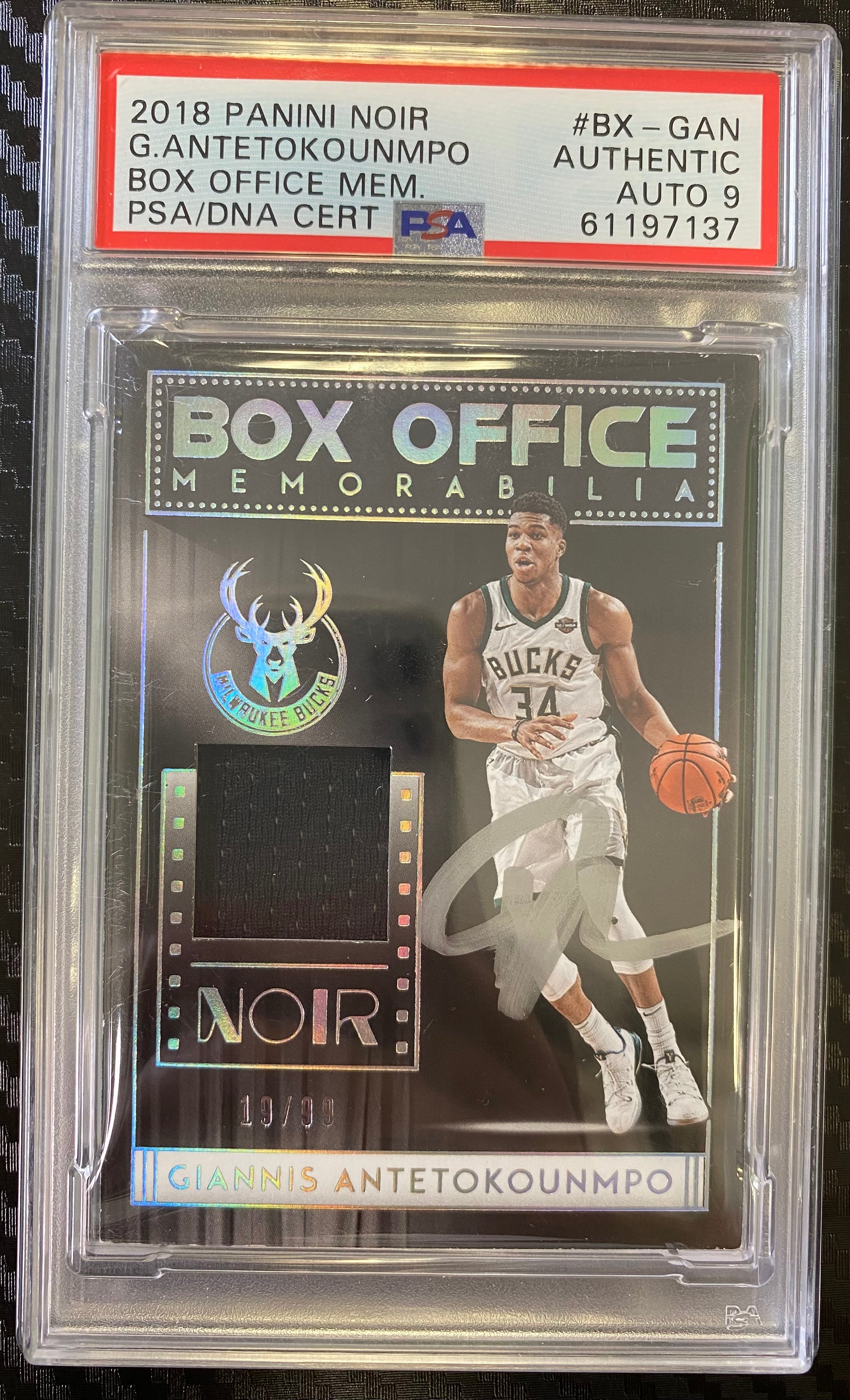 2018 Giannis Antetokounmpo Panini Noir Game Worn Jersey Autograph Box Office Memorabilia 19/99