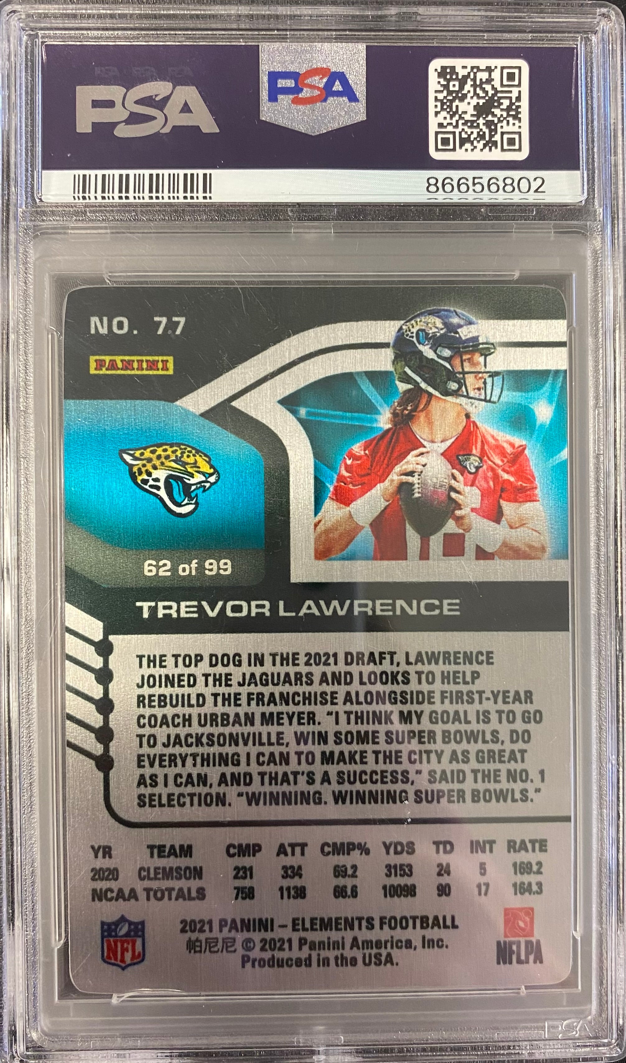 2021 Trevor Lawrence Panini Elements Rookie Card Gold Metal /99 PSA 10 MINT